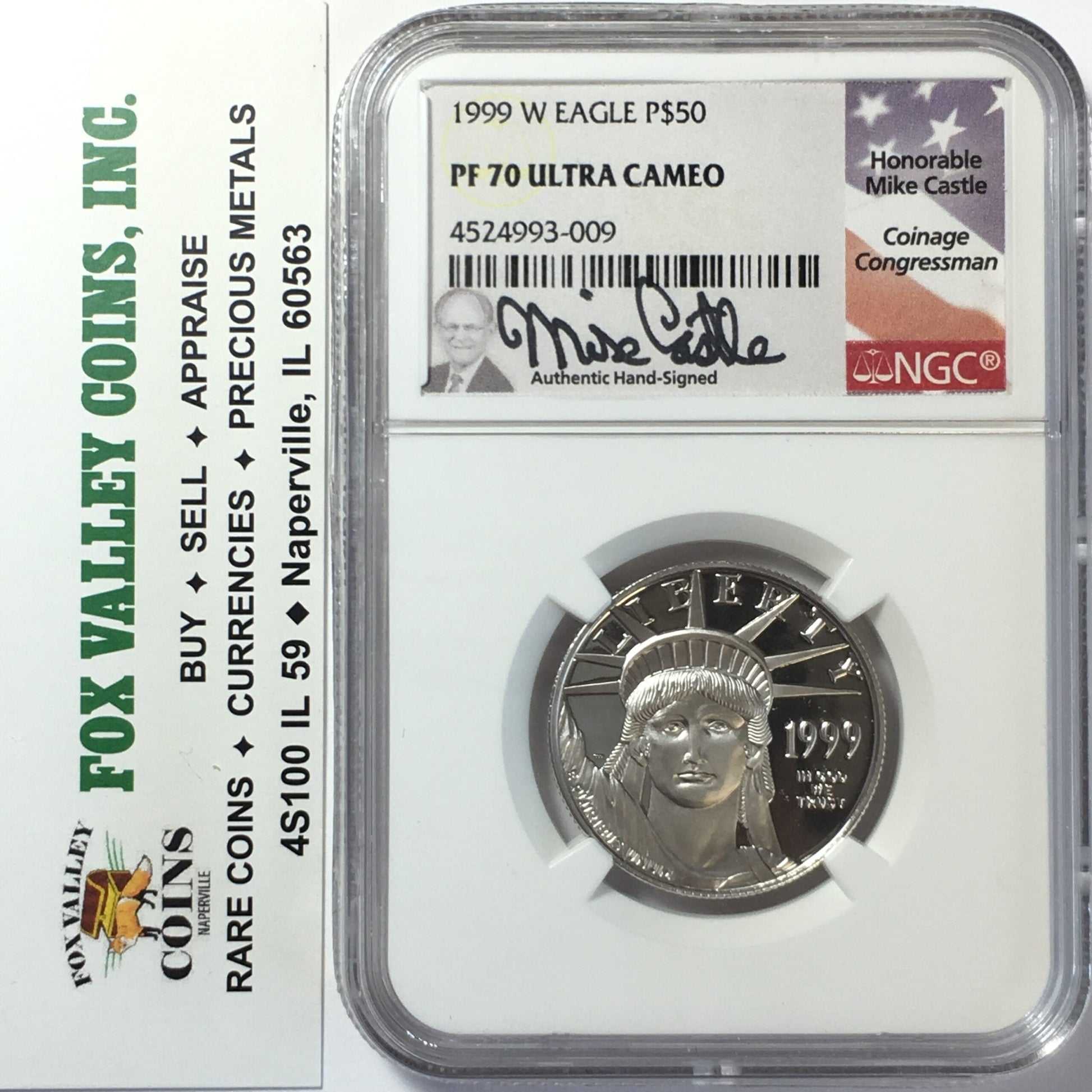 1999-W $50 Proof American Platinum Eagle 1/2 Oz PF70 Ultra-Cameo NGC Castle Signed