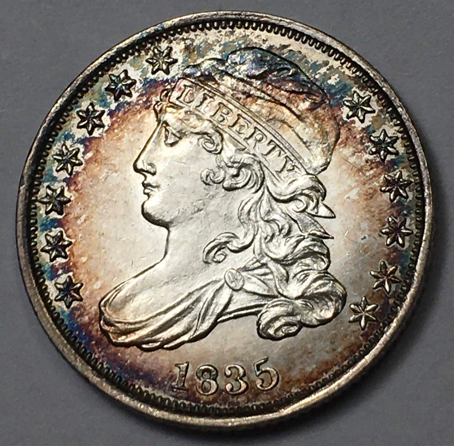 1835-P Capped Bust Silver Dime AU/BU Details - Peripheral Blue Rainbow Toning