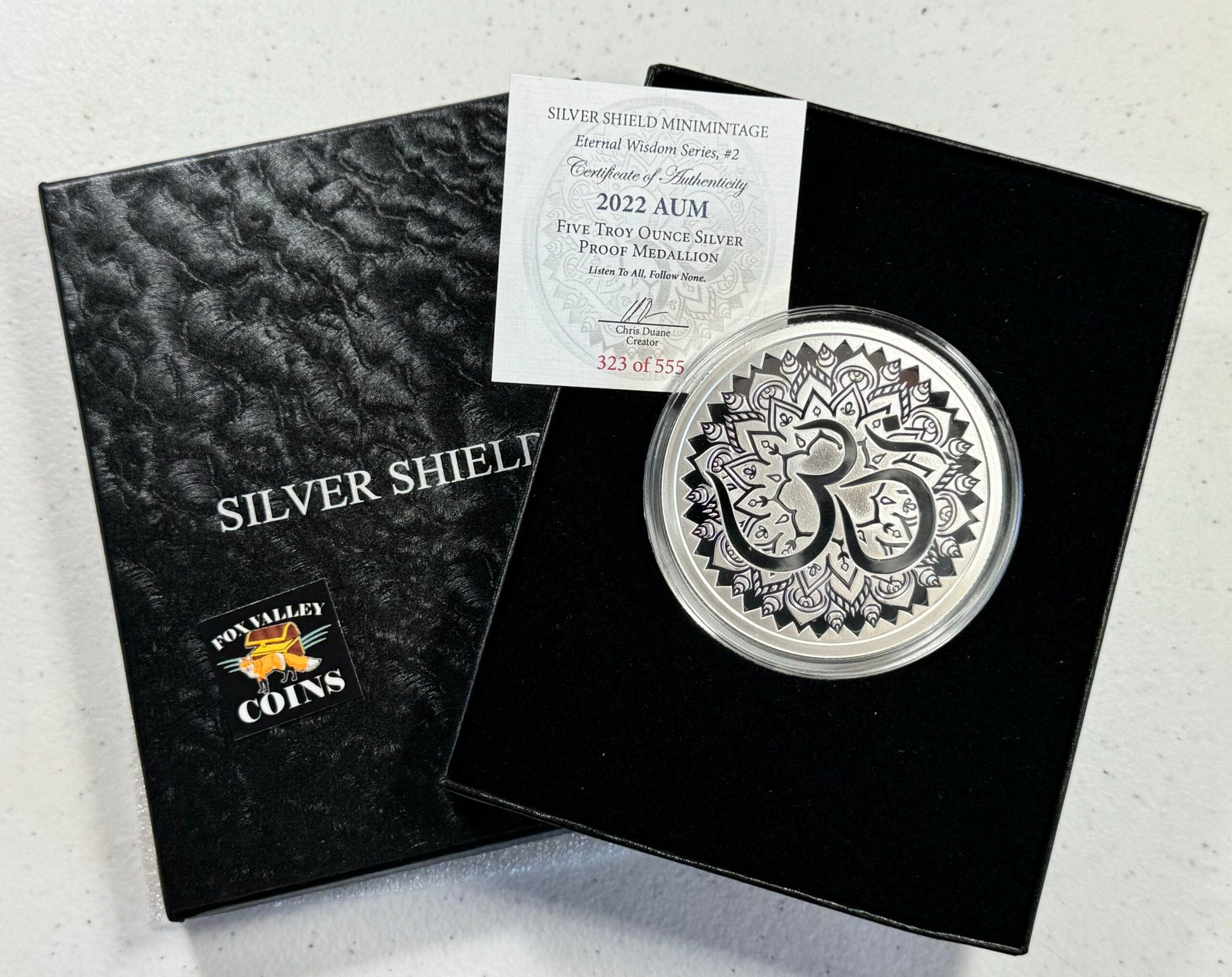 2023 Silver Shield - Eternal Wisdom Series AUM - 5 Oz .999 Silver Proof Medallion