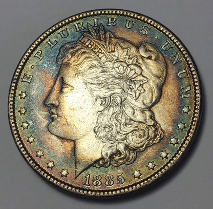 1885-P Morgan Silver Dollar BU - Stunning Rainbow Gun Metal Blue Toning
