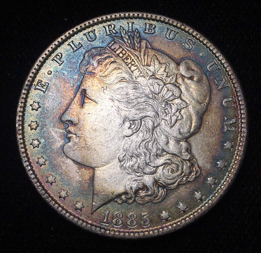 1885-P Morgan Silver Dollar BU - Stunning Rainbow Gun Metal Blue Toning