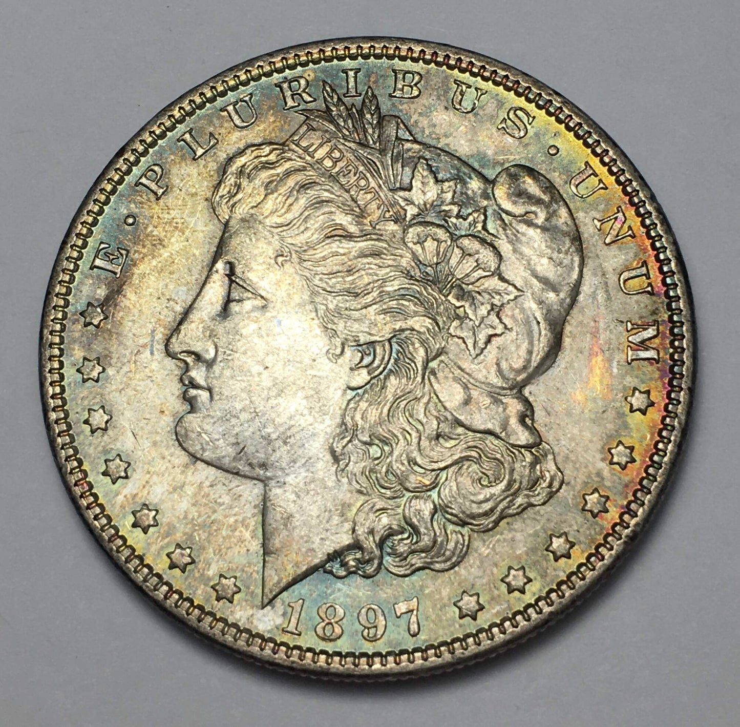 1897-P Morgan Silver Dollar BU Rainbow Toned Reverse Gun Metal Blue Rim