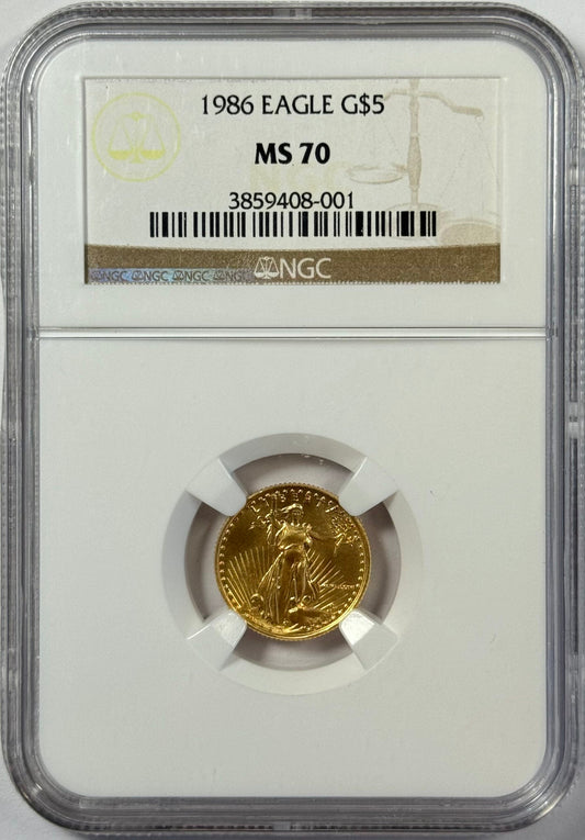 1987 $5 Gold American Eagle - NGC MS70 - 1/10 Oz Gold Coin - First Year