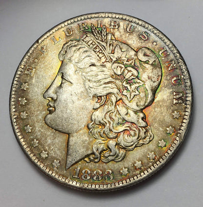 1883-O Morgan Silver Dollar BU with Rainbow and Seafoam Green Toning