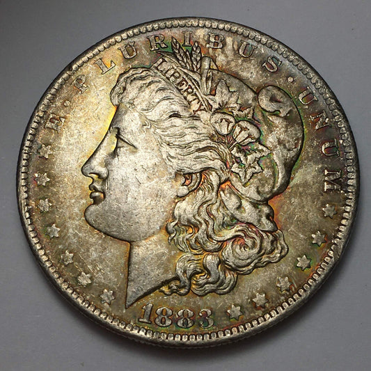 1883-O Morgan Silver Dollar BU with Rainbow and Seafoam Green Toning