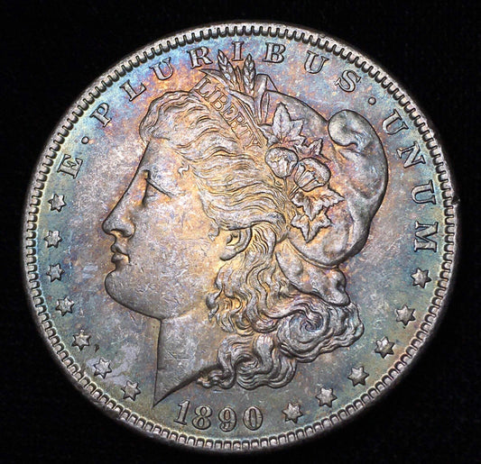 1890-P Morgan Silver Dollar BU - Rainbow/GunMetal Blue Obverse Toning