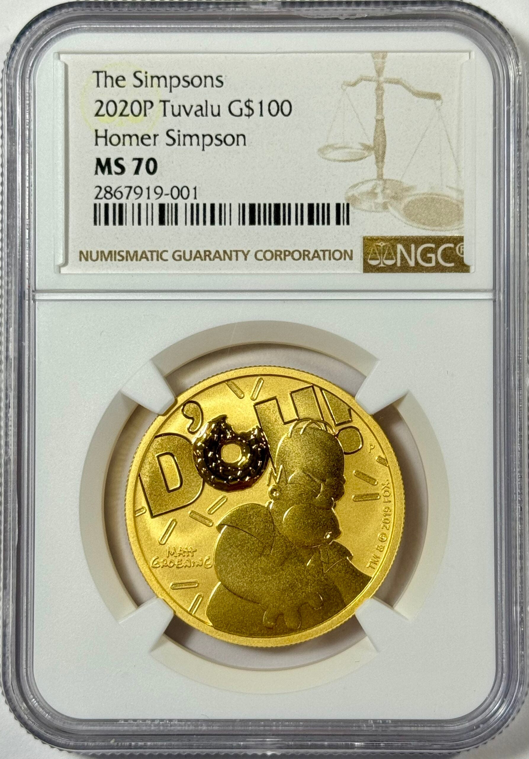 2020-P Tuvalu Homer Simpson Doh! - 1 Oz .9999 Gold Coin - MS70 NGC - Only 41 Top Pop