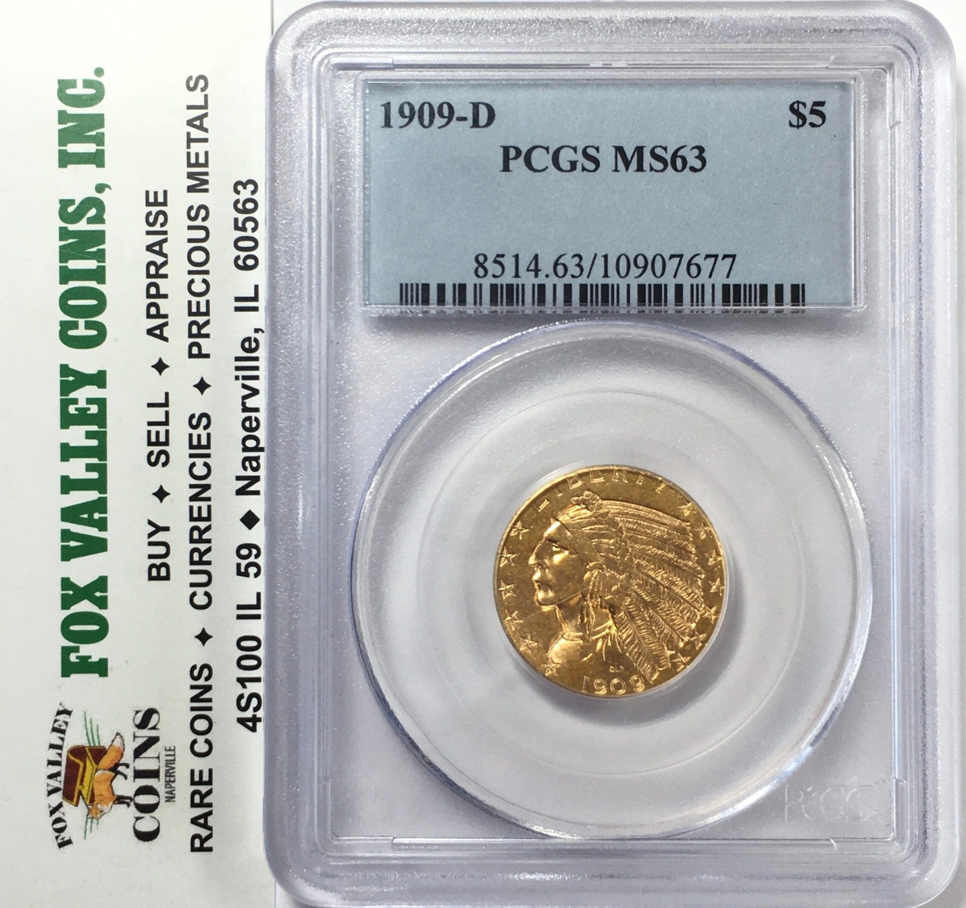 1909-D Indian Gold Half Eagle $5 Coin - MS63 PCGS (UNC BU)