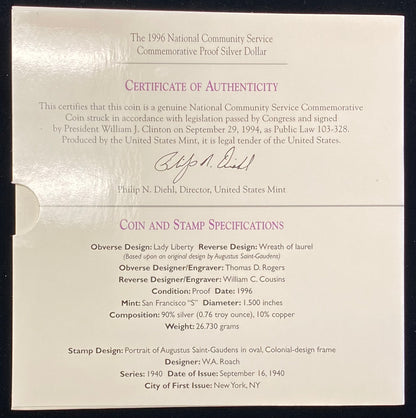 1996-S National Community Service Silver Coin & Stamp Commemorative Set