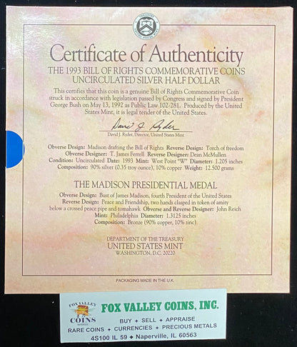 1993-W BU Bill of Rights James Madison Half Dollar Commemorative & Medal Set