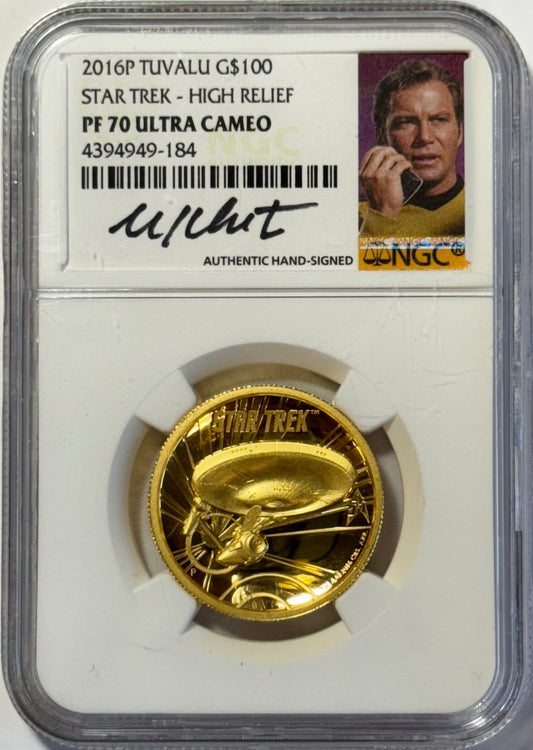 2016-P Tuvalu $100 1 oz Star Trek High Relief Proof Gold Coin PF70 Ultra-Cameo NGC - Shatner Signed