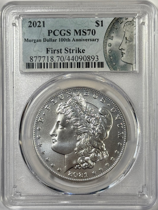 2021-P Morgan Silver Dollar MS70 PCGS First Strike - 100th Anniversary Label
