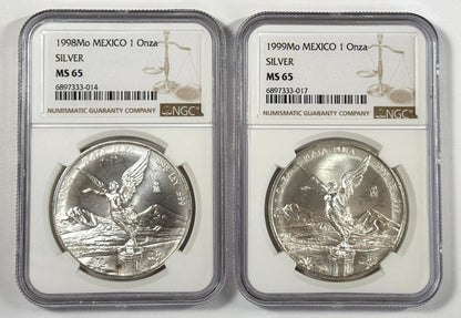 1998 & 1999 Mexico Silver Libertad MS65 NGC - Key Dates!
