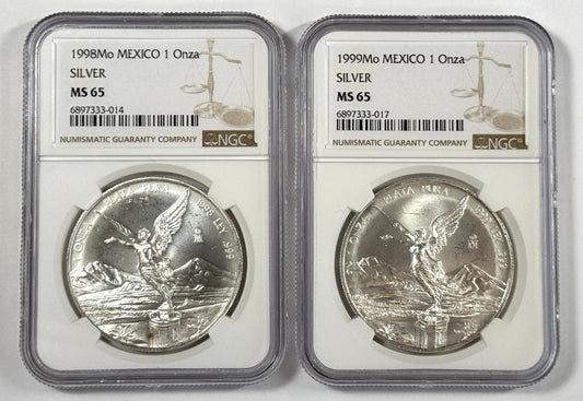 1998 & 1999 Mexico Silver Libertad MS65 NGC - Key Dates!