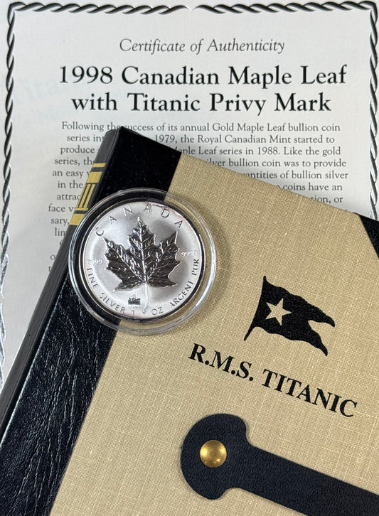 1998 Canada Silver Maple Leaf R.M.S. Titanic Privy 1 oz Silver Coin in Case & COA