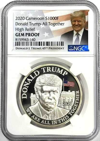 2020 Cameroon Donald Trump 1 oz Silver High Relief Coin Gem Proof NGC - TRUMP LABEL