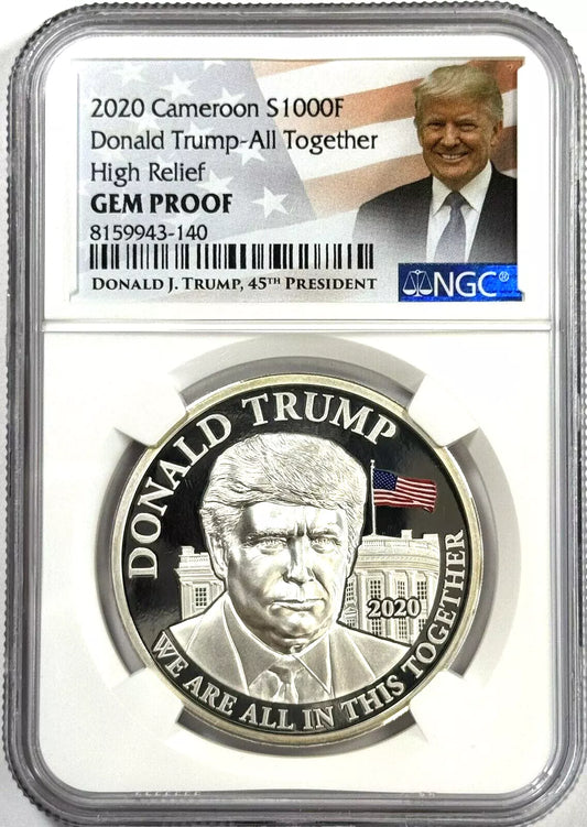 2020 Cameroon Donald Trump 1 oz Silver High Relief Coin Gem Proof NGC - TRUMP LABEL