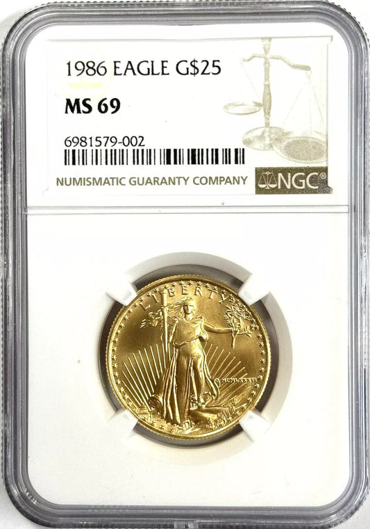 1986 $25 Gold American Eagle 1/2 oz Gold Coin NGC MS69 - First Year!