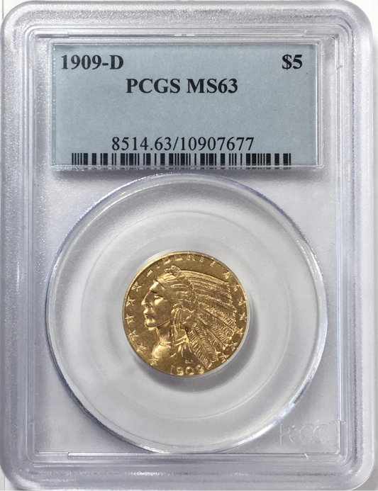 1909-D Indian Gold Half Eagle $5 Coin - PCGS MS63