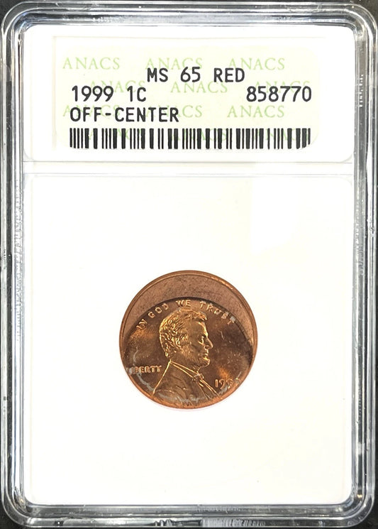 1999 Off Center Lincoln 1 Cent- ANACS MS65 RED