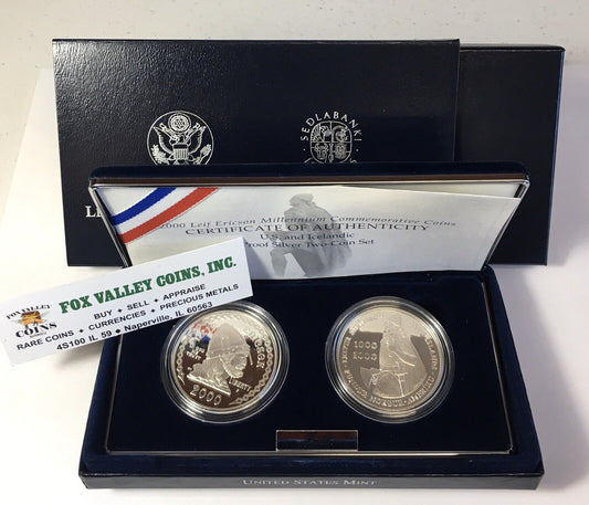 2001 Leif Ericson Proof Silver Dollars & Iceland Central Bank US Mint 2-Coin Set