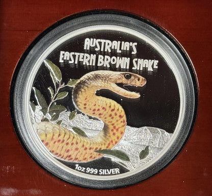 2010 Tuvalu Australian Brown Snake - 1 Oz Proof & Colorized Silver in OGP with COA