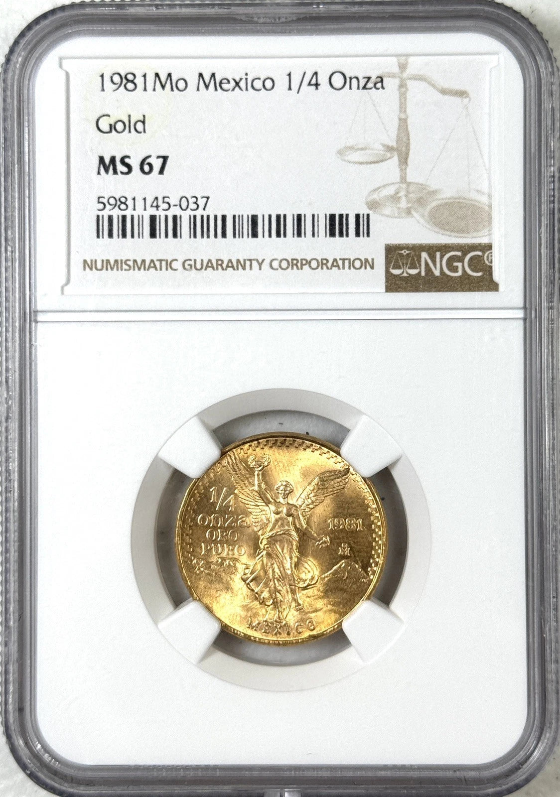 1981 Mexico Gold Onza 1/4 Oz Gold Coin NGC MS67 - First Year! Great Eye Appeal!