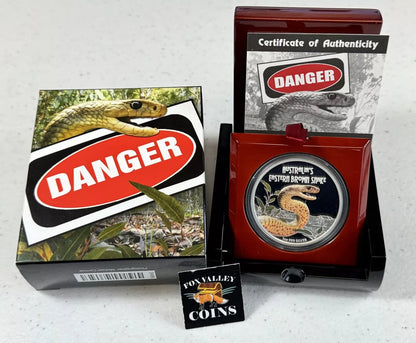 2010 Tuvalu Australian Brown Snake - 1 Oz Proof & Colorized Silver in OGP with COA