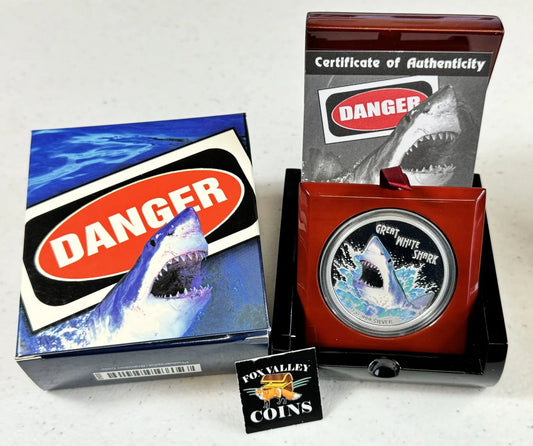 2007 Tuvalu Great White Shark - 1 Oz Proof & Colorized Silver in OGP with COA